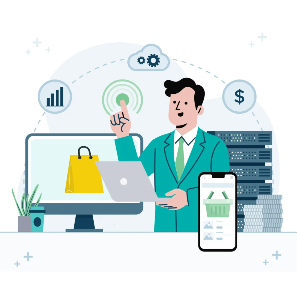 Ilustrasi penggunaan software bisnis modern berbasis cloud untuk meningkatkan efisiensi digital dan otomatisasi perusahaan