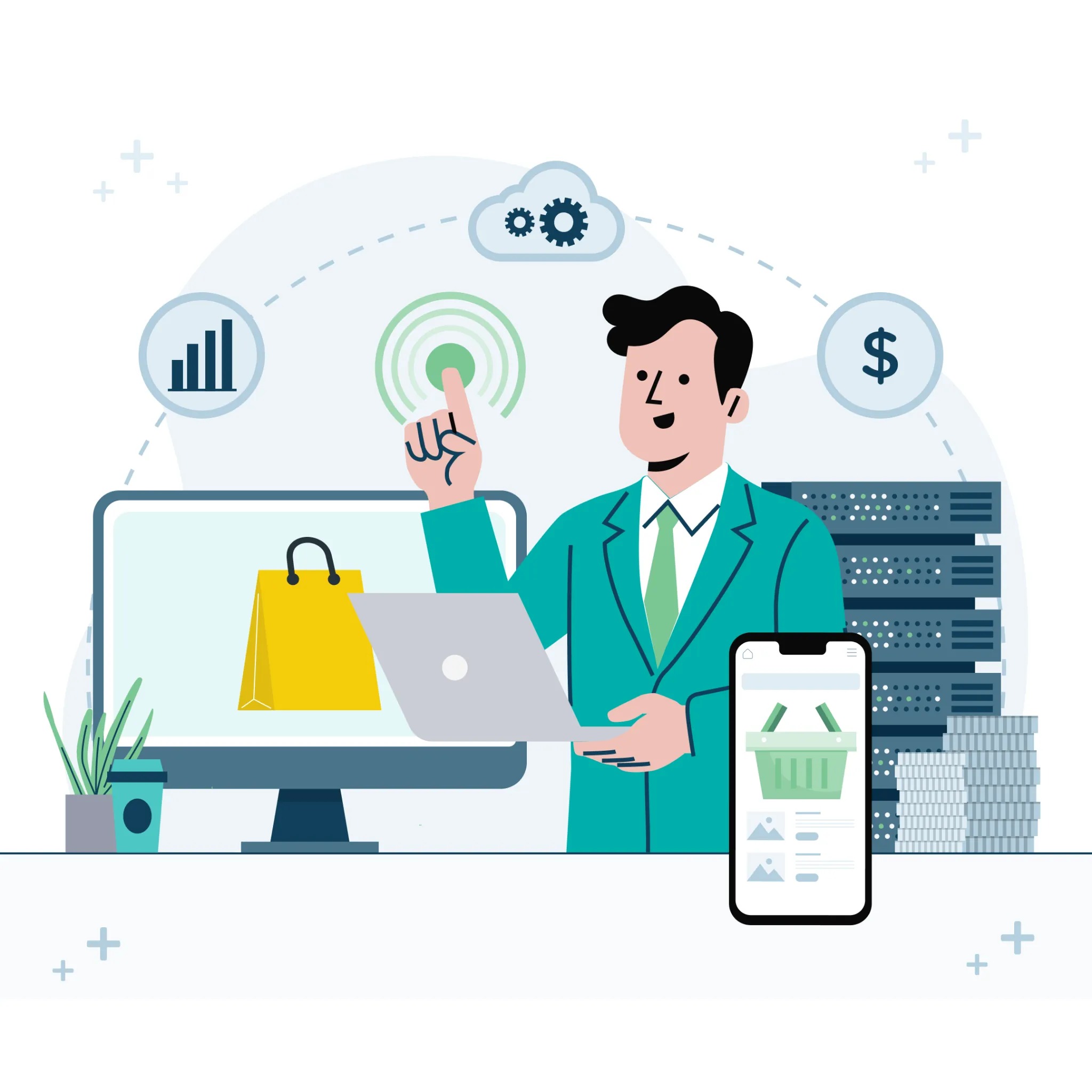 Ilustrasi penggunaan software bisnis modern berbasis cloud untuk meningkatkan efisiensi digital dan otomatisasi perusahaan