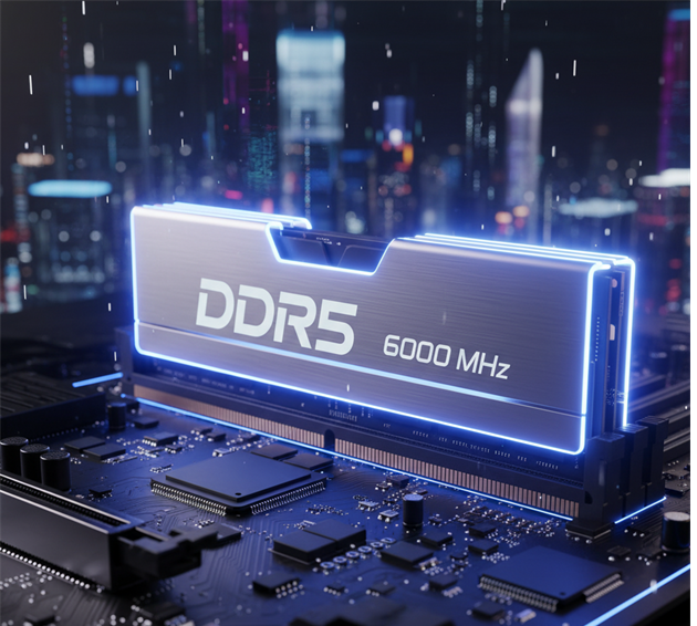 RAM DDR5 6000 MHz pada motherboard komputer modern dengan performa tinggi dan efisiensi daya untuk gaming dan desain grafis.