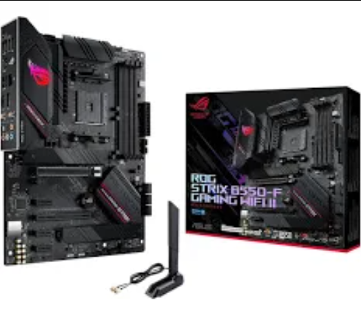 Motherboard ASUS ROG Strix B550-F Gaming WiFi dengan desain hitam elegan, dilengkapi antena WiFi eksternal dan kotak kemasan resmi. Cocok untuk gaming performa tinggi dengan chipset AMD B550