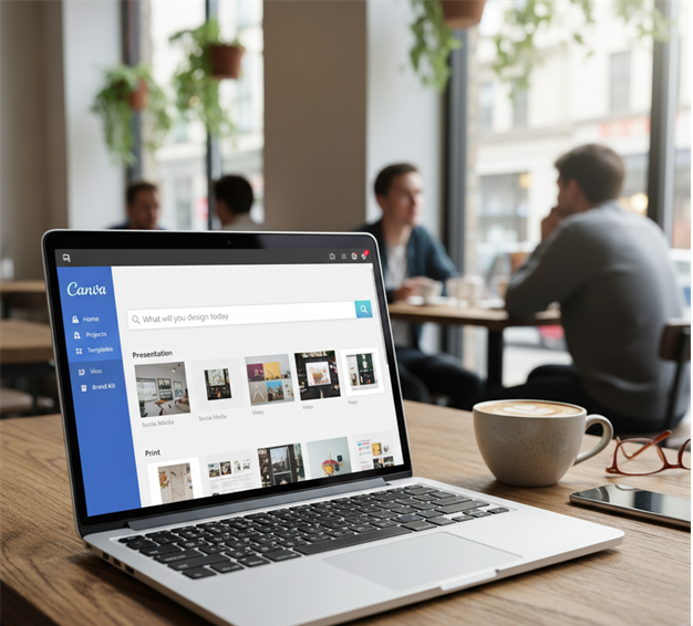 Contoh tampilan Canva AI 2025 di laptop saat digunakan untuk membuat desain modern. modern di kafe" />