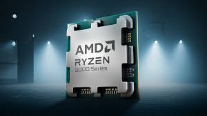 Prosesor AMD Ryzen 3000 Series dengan desain modern berwarna perak dan latar belakang biru gelap bercahaya.