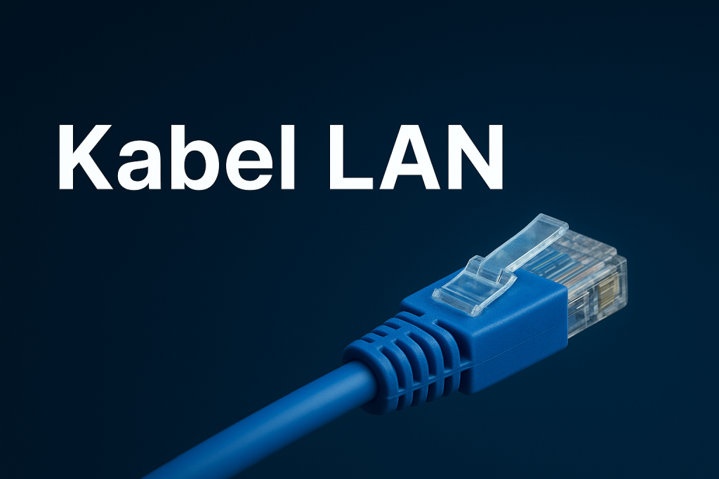 Tampilan close-up kabel LAN biru digunakan pada jaringan komputer modern