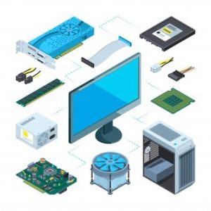 Perkembangan hardware komputer 2025 menampilkan ilustrasi komponen seperti GPU, CPU, RAM, SSD, motherboard, dan casing PC.