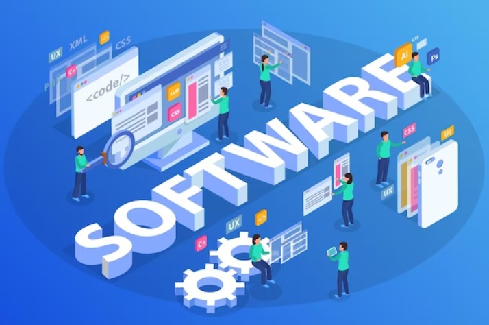 Ilustrasi konsep software komputer dengan ikon UI/UX, coding, desain, dan beberapa orang yang bekerja mengembangkan aplikasi di depan layar digital.