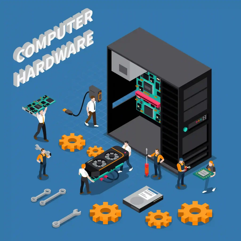 Ilustrasi teknisi merakit komputer dengan komponen hardware seperti GPU, motherboard, hard drive, dan casing PC dalam gaya isometrik.