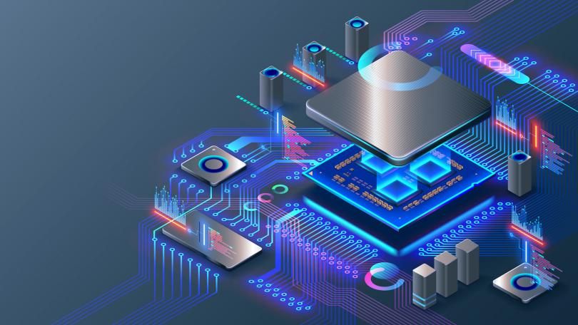 Ilustrasi 3D futuristik dari prosesor komputer dan motherboard dengan rangkaian elektronik bercahaya neon, menunjukkan konsep arsitektur hardware modern dan teknologi pemrosesan data