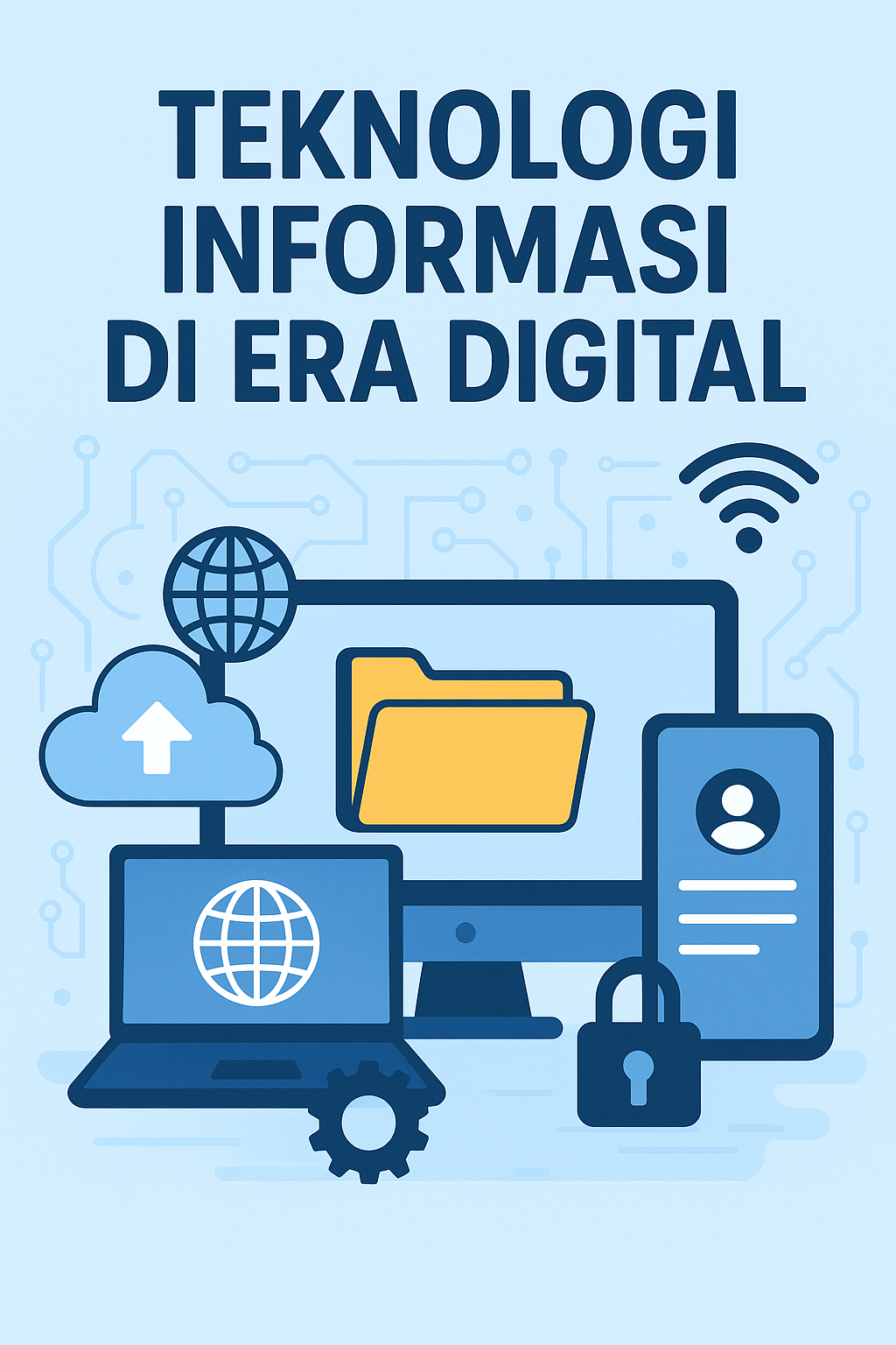 alt="Ilustrasi teknologi informasi di era digital dengan sistem komputer, jaringan internet, dan cloud computing"