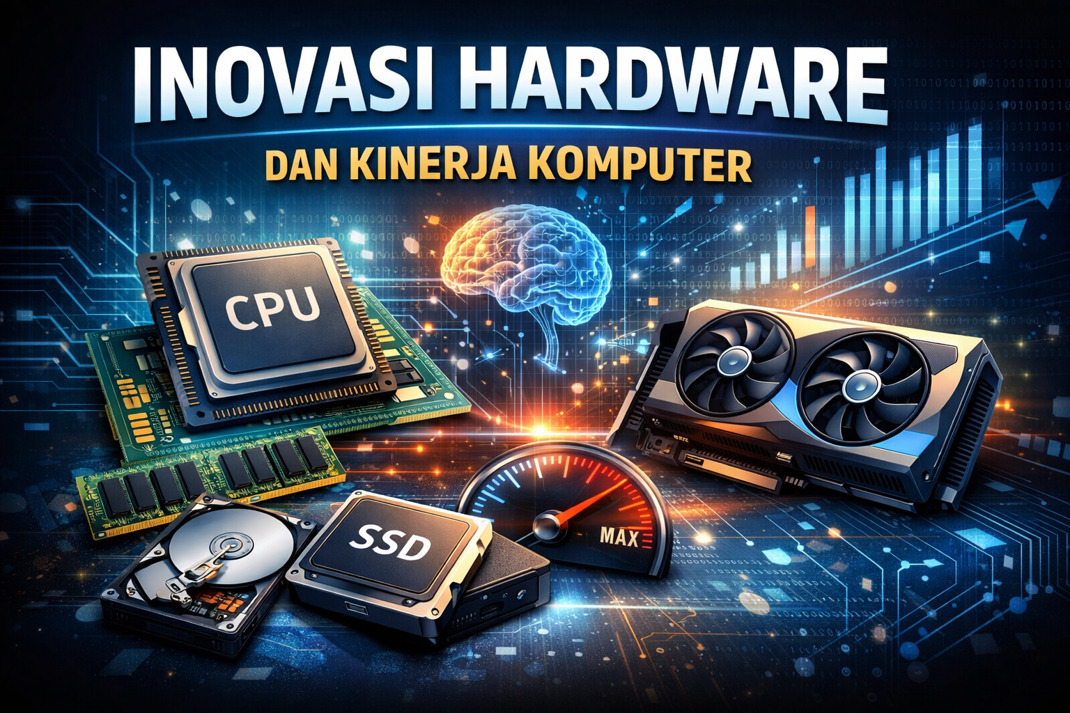 Ilustrasi inovasi hardware komputer yang menampilkan CPU, RAM, SSD, GPU, dan indikator kinerja sistem komputer modern