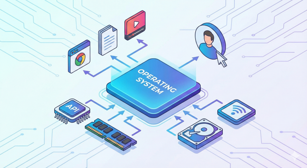 Ilustrasi cara kerja Sistem Operasi menghubungkan hardware dan user