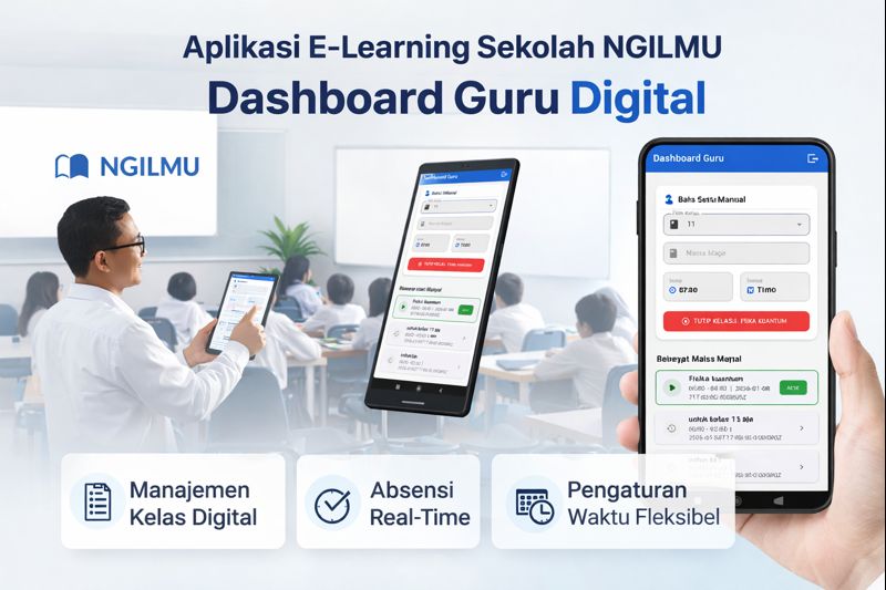 Aplikasi e-learning sekolah NGILMU dengan dashboard guru digital untuk manajemen kelas dan absensi real-time