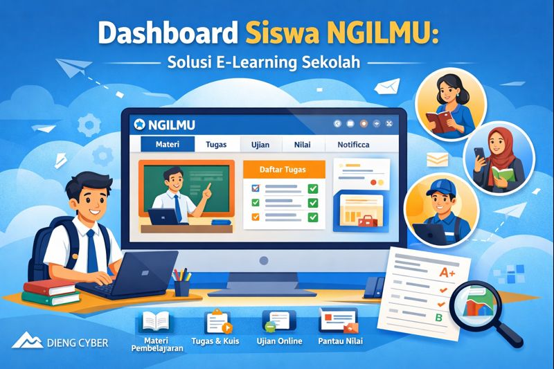 Dashboard siswa NGILMU yang menampilkan materi pembelajaran, tugas, ujian online, dan pemantauan nilai dalam sistem e-learning sekolah