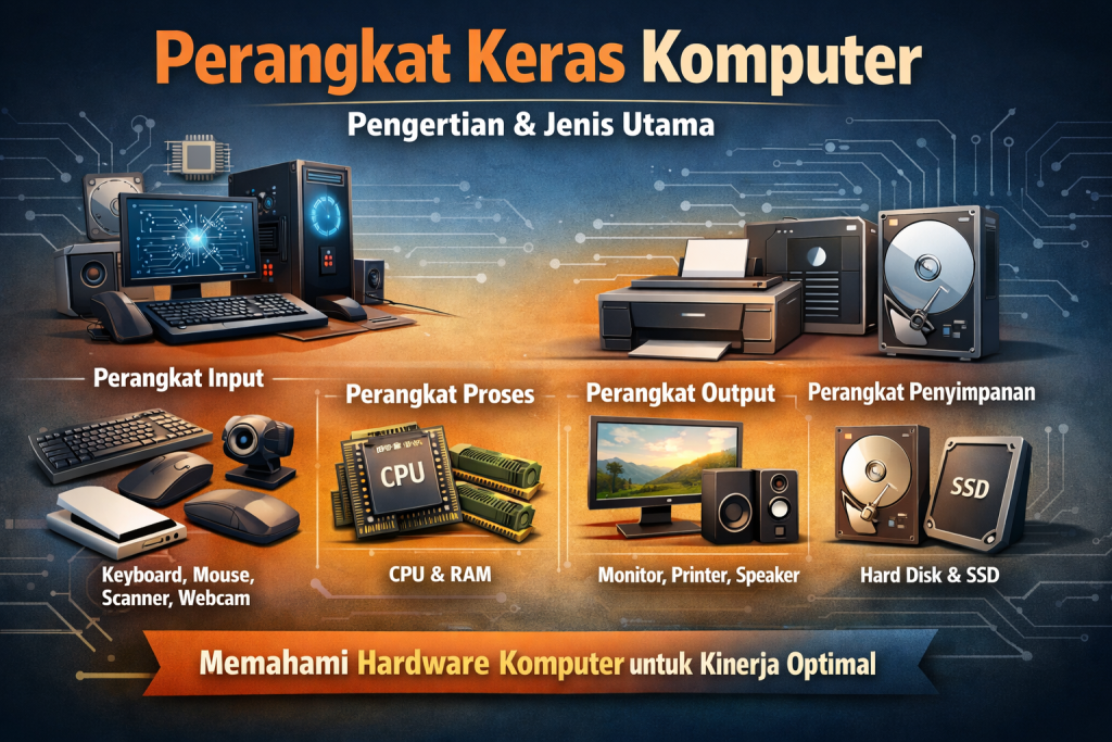alt="Gambar jenis komponen komputer input, proses, dan output"