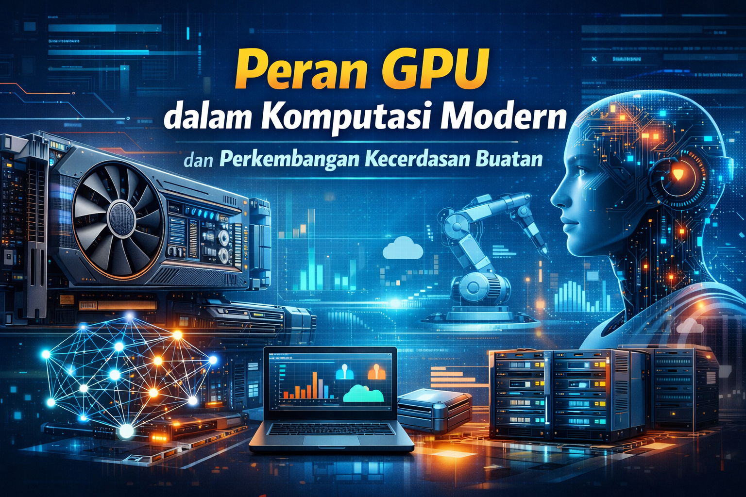 Ilustrasi GPU dalam komputasi modern yang mendukung kecerdasan buatan, machine learning, dan pemrosesan data paralel.