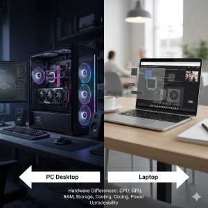 Perbandingan visual antara PC Desktop dengan komponen terbuka yang menunjukkan GPU dan pendingin besar, dibandingkan dengan laptop tipis yang menampilkan komponen mobile yang ringkas.