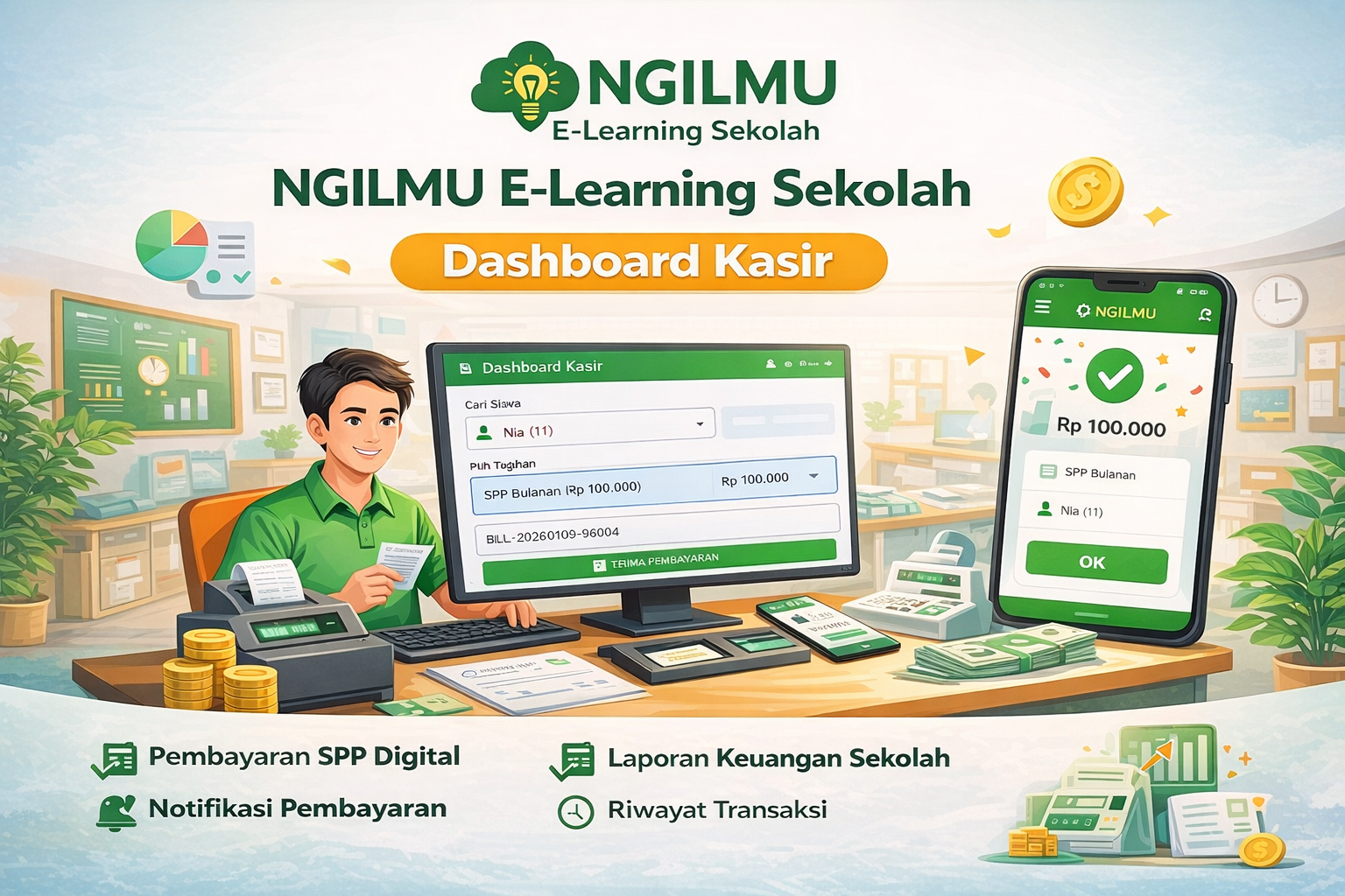 Dashboard kasir NGILMU E-Learning Sekolah untuk pembayaran SPP digital