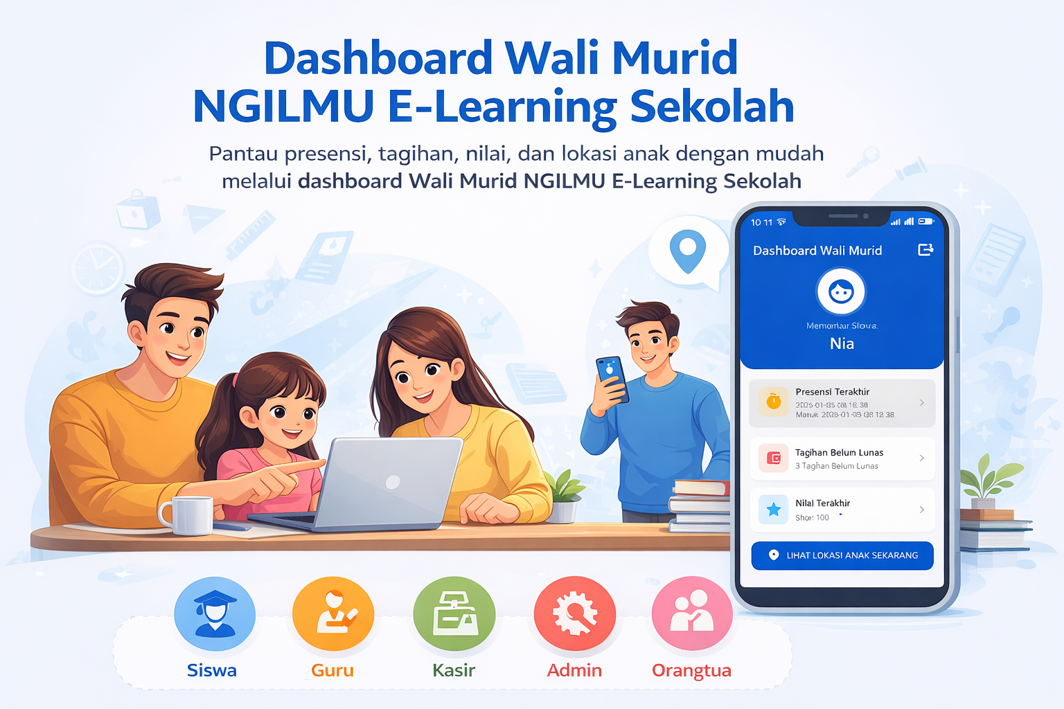 Ilustrasi orang tua menggunakan dashboard wali murid NGILMU E-Learning Sekolah melalui smartphone