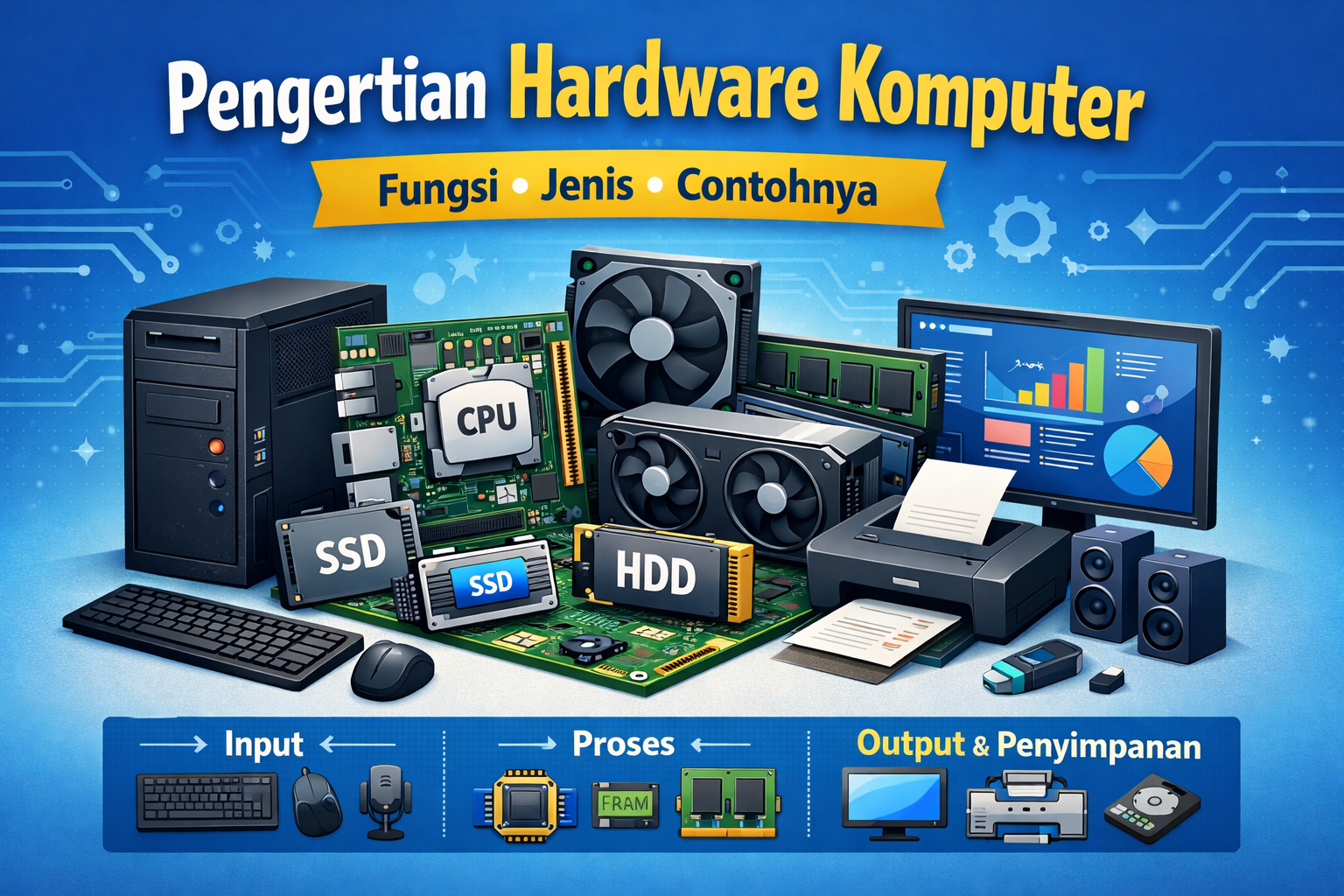 Ilustrasi pengertian hardware komputer yang menampilkan perangkat input, proses, output, dan penyimpanan seperti CPU, SSD, HDD, monitor, dan printer
