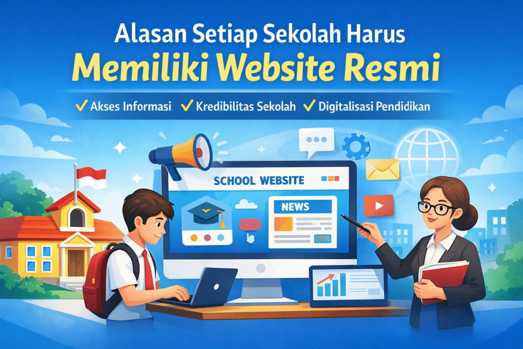 Ilustrasi website sekolah resmi yang menampilkan siswa dan guru menggunakan komputer untuk mengakses informasi pendidikan digital