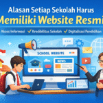Ilustrasi website sekolah resmi yang menampilkan siswa dan guru menggunakan komputer untuk mengakses informasi pendidikan digital