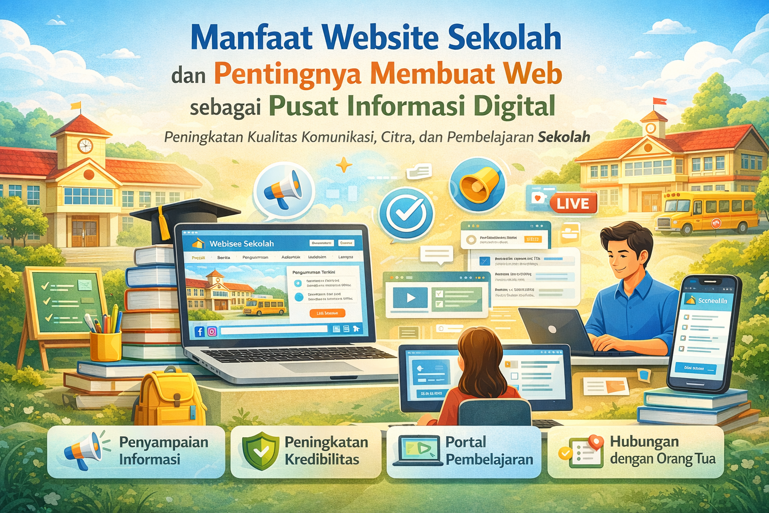 Ilustrasi manfaat website sekolah sebagai pusat informasi dan pembelajaran digital terintegrasi