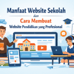 Ilustrasi website sekolah profesional yang menampilkan guru dan siswa menggunakan platform pendidikan digital untuk pembelajaran dan penyampaian informasi sekolah.