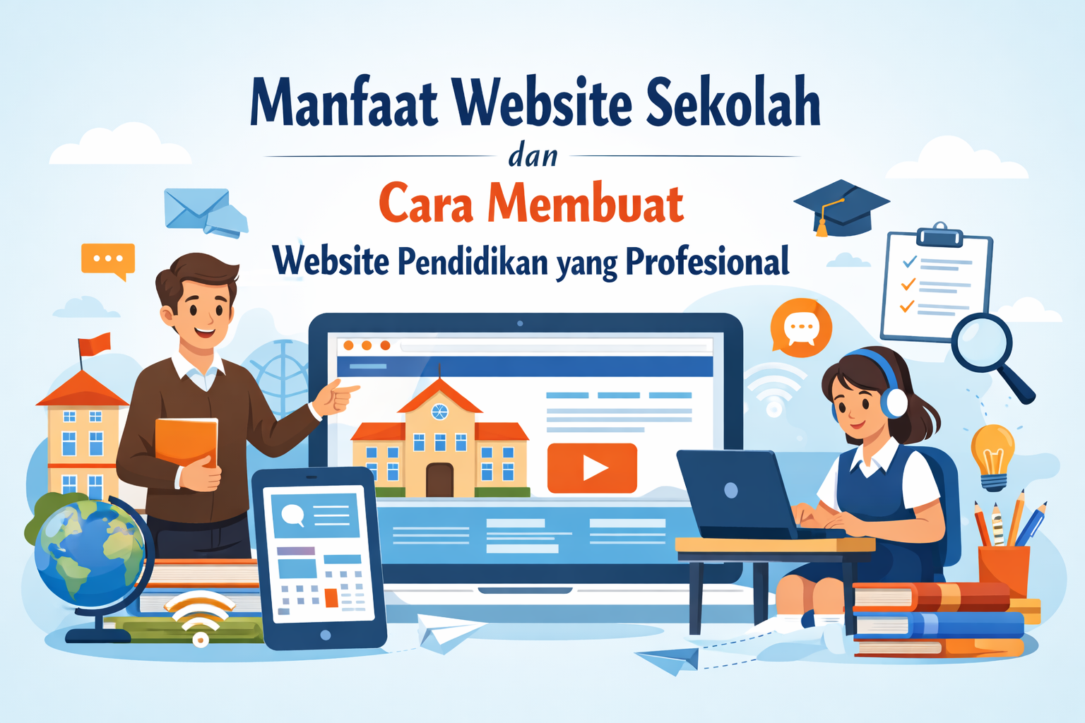 Ilustrasi website sekolah profesional yang menampilkan guru dan siswa menggunakan platform pendidikan digital untuk pembelajaran dan penyampaian informasi sekolah.