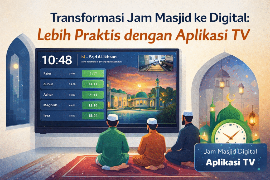 Ilustrasi jam masjid digital berbasis aplikasi TV yang menampilkan jadwal sholat dan informasi masjid