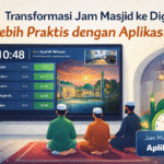 Ilustrasi jam masjid digital berbasis aplikasi TV yang menampilkan jadwal sholat dan informasi masjid