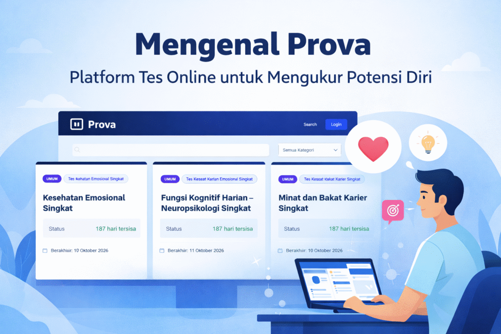 Tampilan website Prova sebagai platform tes online untuk mengukur potensi diri